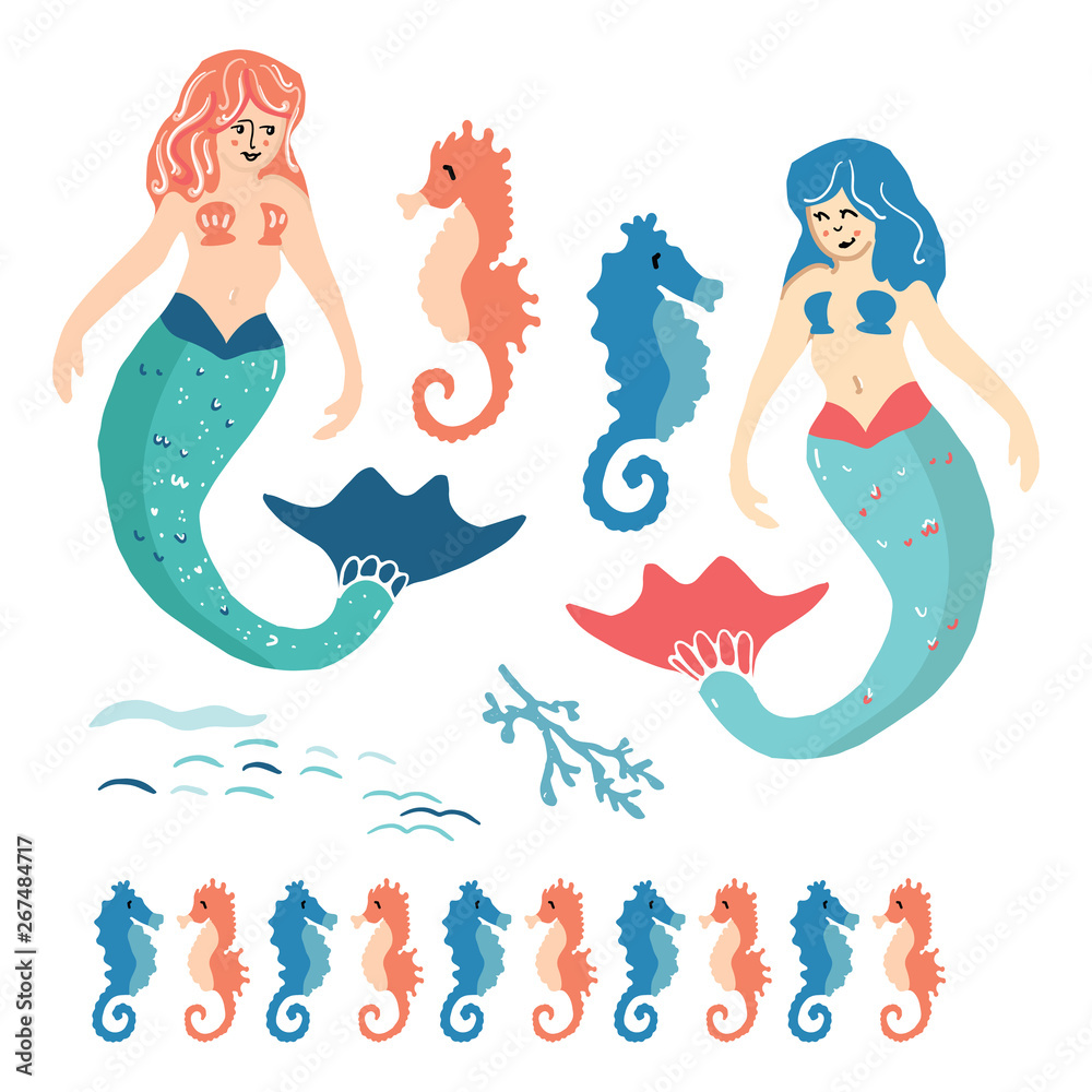 Cute summer mermaids with seahorses cartoon vector illustration motif