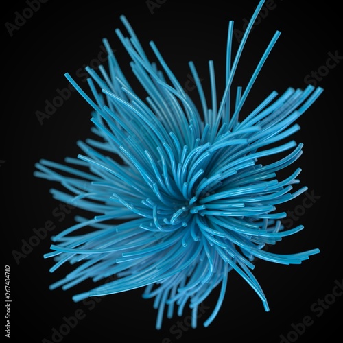 blue strings flowing on air. 3d illustration with black background