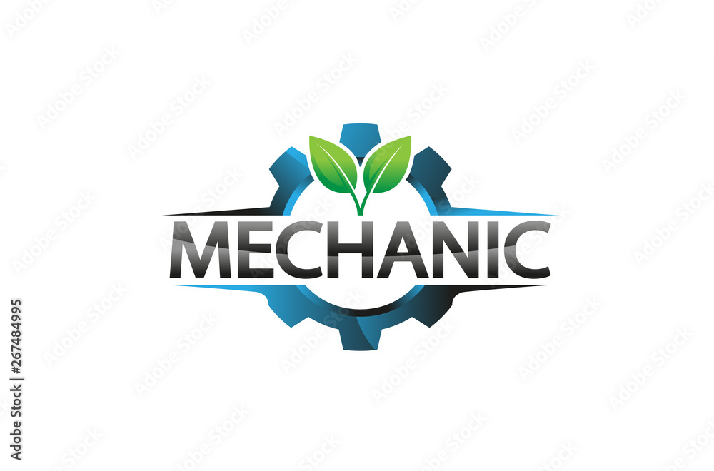 Creative Blue Gear Leaf Plant Logo Design Illustration Creative Blue Gear Leaf Plant Logo Design Illustration