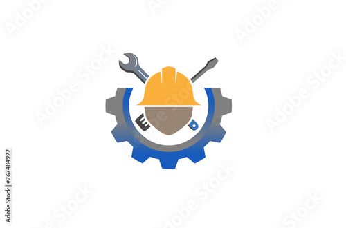 Creative Gear Wrench Hardhat Wrench Screwdriver Service Logo Design Illustration
