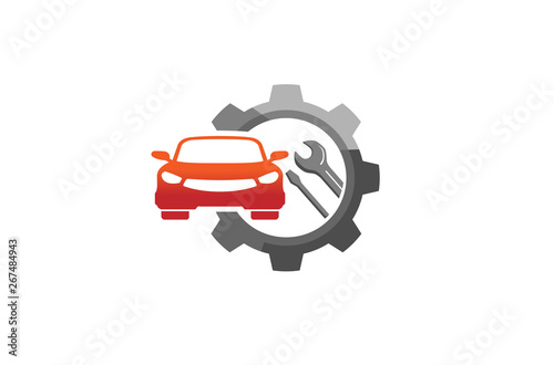 Creative Red Car Gear Wrench Screwdriver Logo Design Illustration