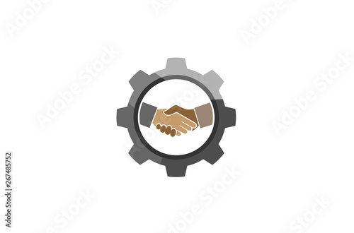 Creative Gear Handshake Meeting Vector Logo Design Illustration