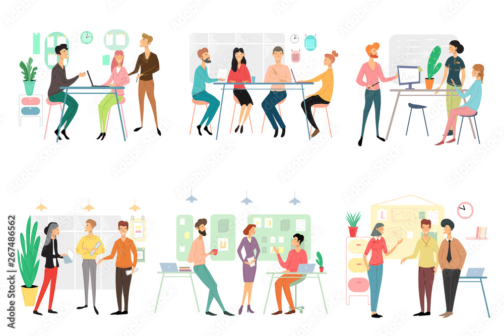 Set of different business people working in office. Brainstorming, talking discussing start up ideas, presenting project, having fun employees isolated on white background. Flat vector illustration.