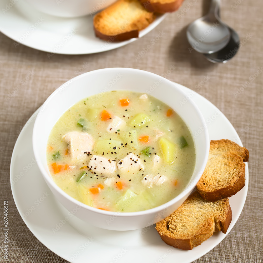 Chicken and potato chowder soup with green bell pepper and carrot in bowl with toasted bread slices on the side, photographed with natural light (Selective Focus, Focus in the middle of the soup) Chicken and potato chowder soup with green bell pepper and carrot in bowl with toasted bread slices on the side, photographed with natural light (Selective Focus, Focus in the middle of the soup)