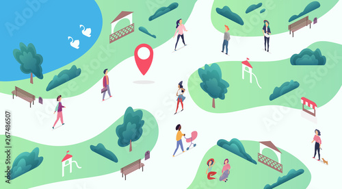 Isometric Park map with walking, listening to music, relaxing multiethic people, big blue lake with swans, gazebo, trees, bushes, benches vector illustration.
