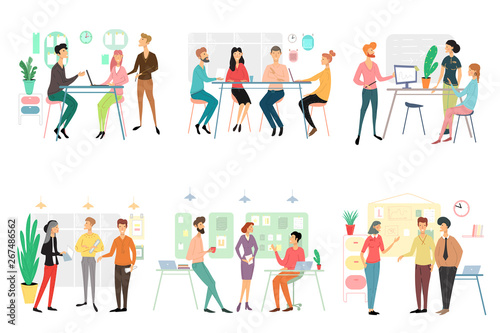 Set of different business people working in office. Brainstorming, talking discussing start up ideas, presenting project, having fun employees isolated on white background. Flat vector illustration.