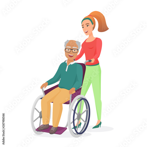 Smiling young healthy female social worker or daughter, takes care on elderly disabled positive dad or grandfather in wheelchair isolated vector illustration.