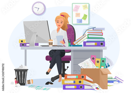 Exhausted overwhelmed by work young female employee stays late at work in the office. Tired by workload woman with a lot of paperwork, additional tasks vector illustration.