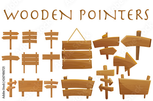 Set of different wooden empty cartoon pointers, hovering guides, signboards, signposts, planks, showing different destinations isolated flat vector illustration.