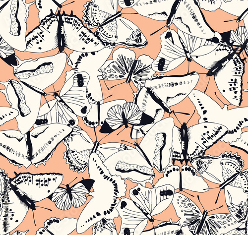 Butterflies flying seamless pattern on pink. Colorful illustration of a texture of butterflies with detail for backgrounds, fashion, textile, wrapping paper and wallpaper