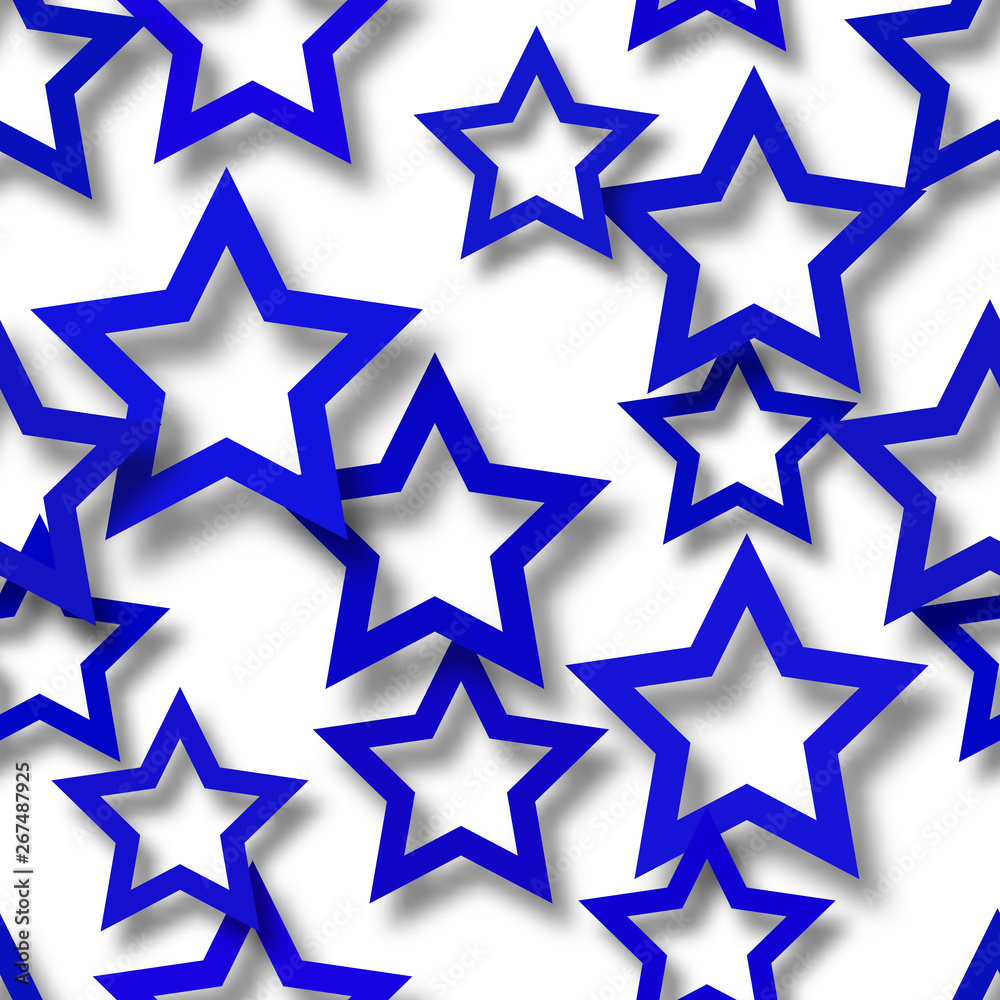 Abstract seamless pattern of randomly arranged blue stars with soft shadows on white background Abstract seamless pattern of randomly arranged blue stars with soft shadows on white background