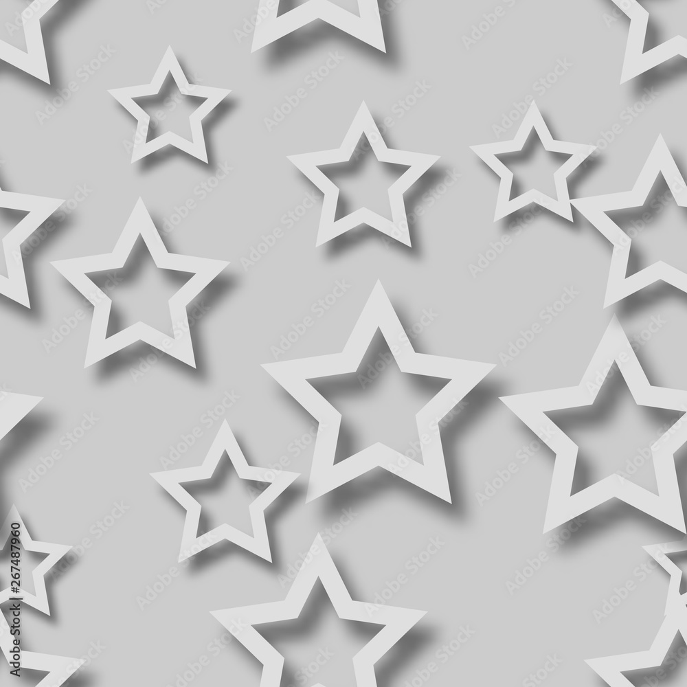 Abstract seamless pattern of randomly arranged white stars with soft shadows on gray background