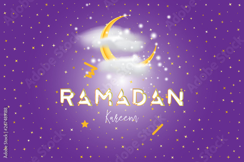 Muslim feast of the holy month of Ramadan Kareem. Greeting card template with crescent moon and cloud with light effects. Flat vector illustration EPS 10