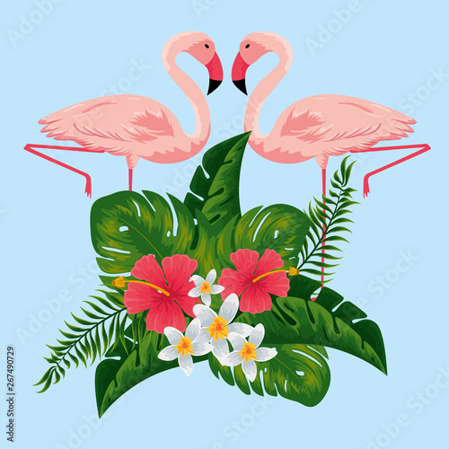 tropical flamingos with exotic flowers and leaves © Gstudio