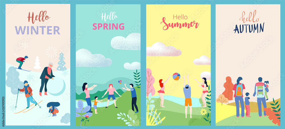 Hello summer, spring, autumn, winter. Set of posters or cards with people and outdoor seasonal entertainment.