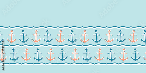Cute stripe marine anchor seamless vector border pattern. Hand drawn ocean sailing tile. Ribbon trim for seafaring blog, nautical graphic, preppy sailor fashion trim. Maritime home decor textiles edge