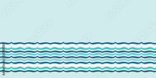 Turquoise blue ocean waves seamless vector border pattern. Hand drawn seaside beach water tile. Wavy aqua banner for seafaring blog, nautical textile, maritime home decor. Wet lake, river, sea fabric