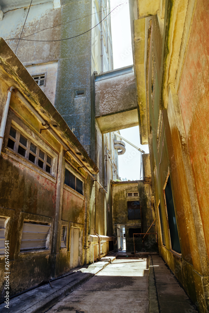 Internal corridors of silos and abandoned warehouses with tower