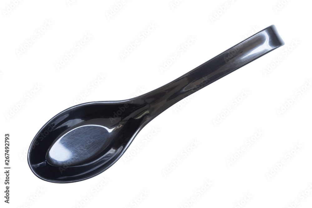 top view of black soup spoon isolated on white background top view of black soup spoon isolated on white background