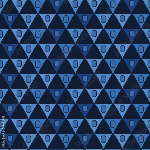 Indigo blue mosaic tile shapes. Vector pattern seamless background. Hand drawn geometric quilt grid graphic illustration. Triangle geometric home decor, masculine fashion print, navy geo wallpaper