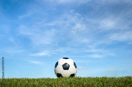soccer ball on grass with cloud and sky background © amstockphoto