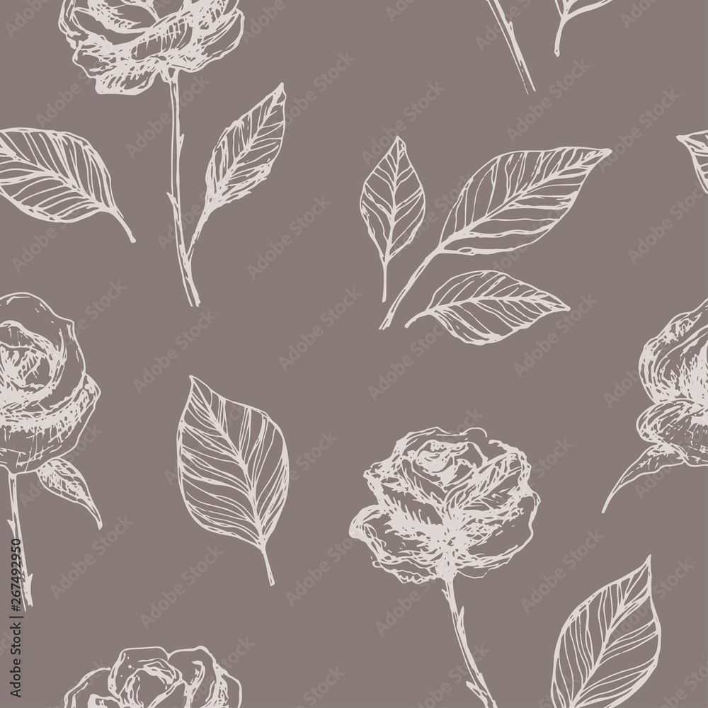 Rose flower vector seamless pattern. Hand drawn floral vintage background