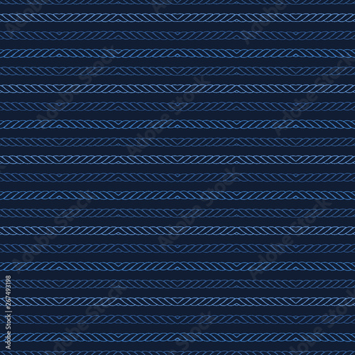 Indigo blue abstract organic rope stripes. Vector gradient pattern seamless background. Hand drawn textured lines illustration. Trendy home decor fashion print, asian fusion denim navy wallpaper.