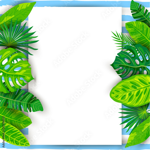 Green summer tropical background with exotic leaves, paper sheet. Place for text. Vector illustration for poster, web, flyers, party invitation, sale, ecological concept. Summer and vacation concept.