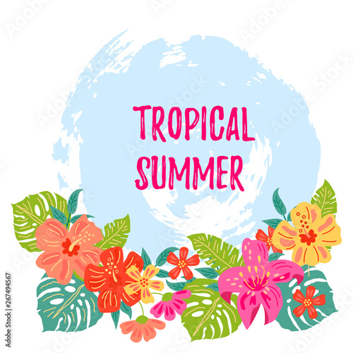 Hand drawn sketch style background with tropical flowers and exotic leaves. Tropical summer. Place for your text. Vector illustration for party, invitation, flyer, poster, banner, web.