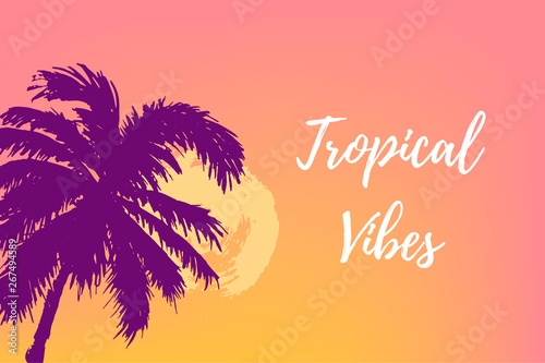 Sunset or sunrise with palm trees. Tropical vibes. Place for your text. Vector illustration for party, invitation, flyer, poster, banner, web. Hand drawn style travel concept.