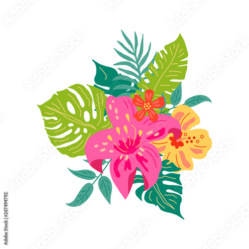 Tropical exotic flowers and leaves. Hand drawn sketch style vector illustration isolated on white background. Flat style design element for poster, banner, party invitation, summer concept.