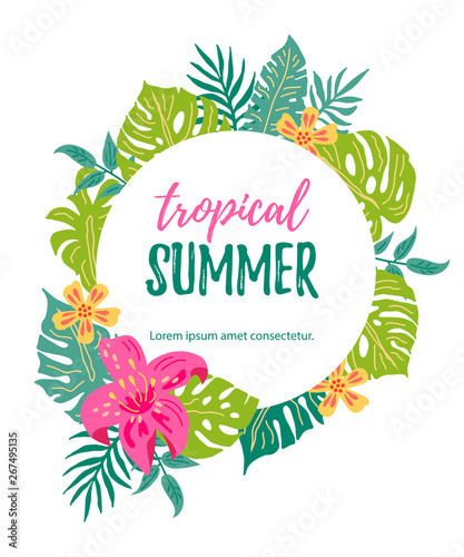 Hand drawn sketch style design element with tropical flowers and exotic leaves. Tropical summer. Place for your text. Vector illustration for party, invitation, flyer, poster, banner, web.