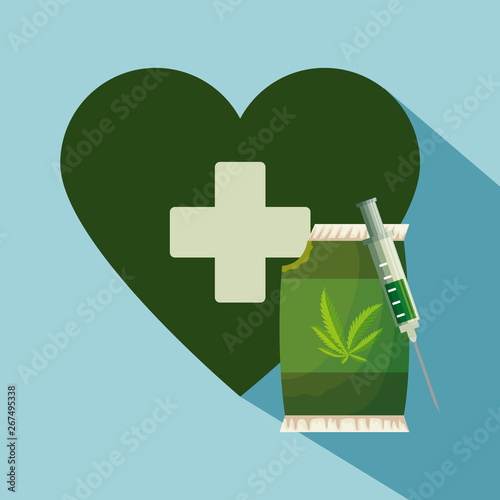 heart with cross and cannabis bag with syringe to natural medicine