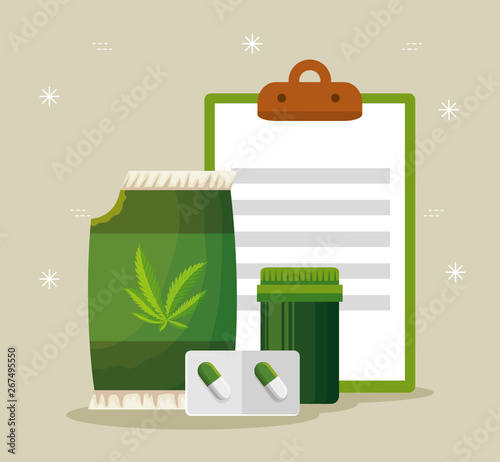bag with cannabis seeds with medicine pills bottle and check list