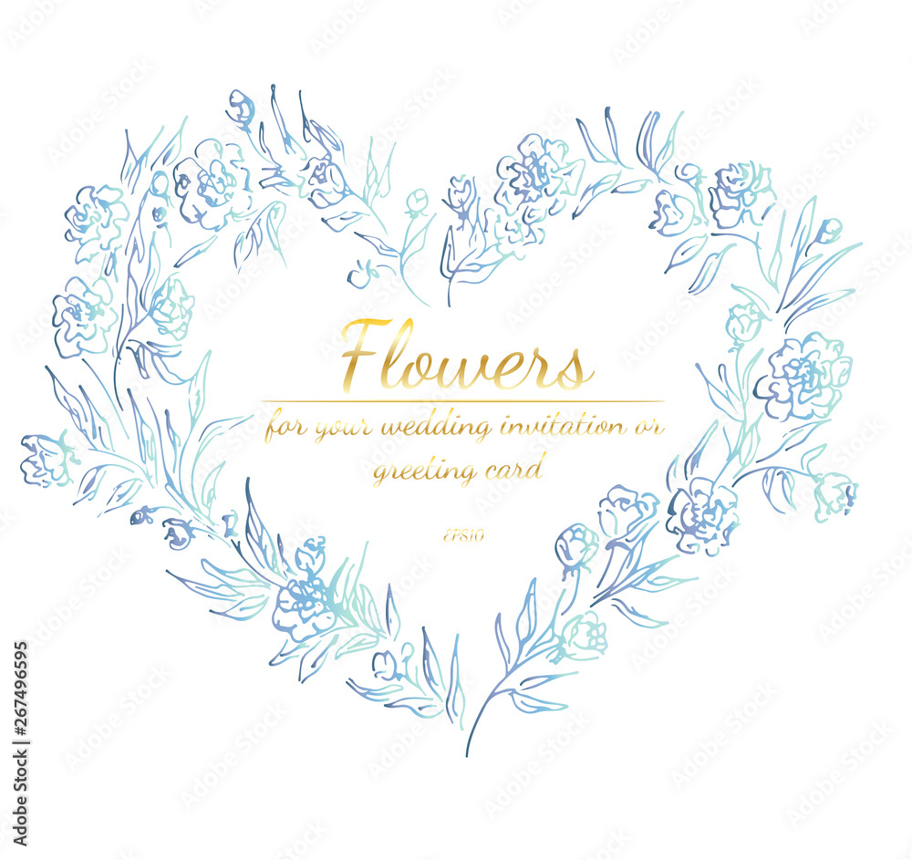 Wreath of roses or peonies flowers with violet, yellow and pink colors. Floral Frame design elements for your wedding invitation and greeting card. Hand drawn vector illustration. Line art. Sketch.