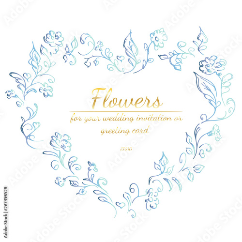 Wreath of roses or peonies flowers with violet, yellow and pink colors. Floral Frame design elements for your wedding invitation and greeting card. Hand drawn vector illustration. Line art. Sketch.
