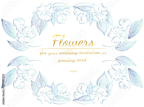 Wreath of roses or peonies flowers with violet, yellow and pink colors. Floral Frame design elements for your wedding invitation and greeting card. Hand drawn vector illustration. Line art. Sketch. © aifeati