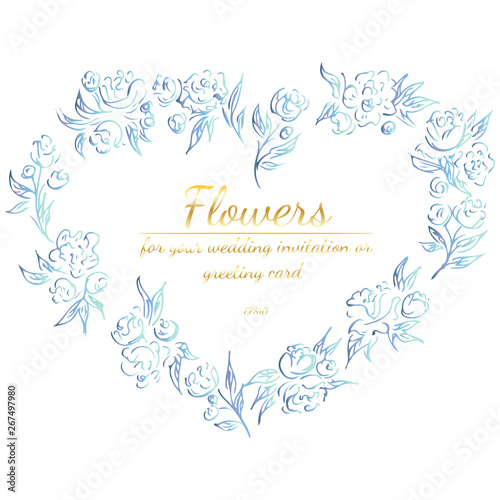 Wreath of roses or peonies flowers with violet, yellow and pink colors. Floral Frame design elements for your wedding invitation and greeting card. Hand drawn vector illustration. Line art. Sketch.