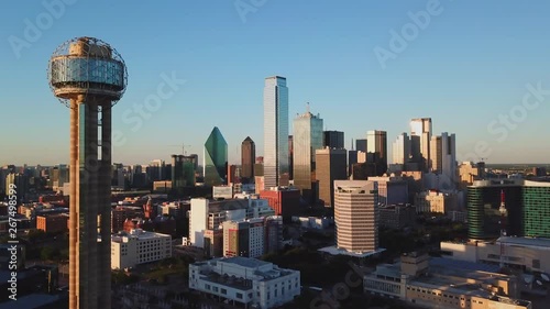 Aerial Drone of Downtown Dallas And Reunion Tower at Sunset golden hour photo