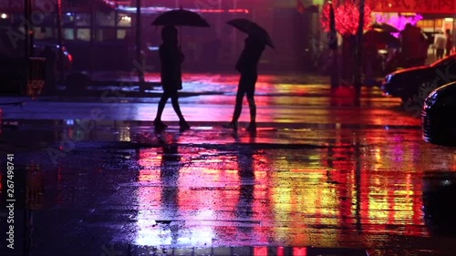 Cinemagraph of two women in the evening on a road staying still while it is raining. Reflections moves