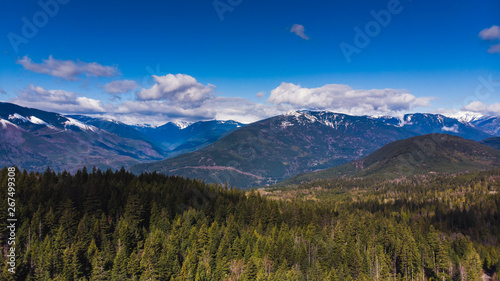Aerial of forest and snow capped mountains on a nice spring day