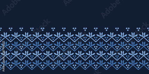 Indigo blue leaf stripes shapes. Vector border pattern seamless striped background. Hand drawn floral geometric leaves illustration. Trendy retro home decor, mens shirting fashion print, ribbon trim