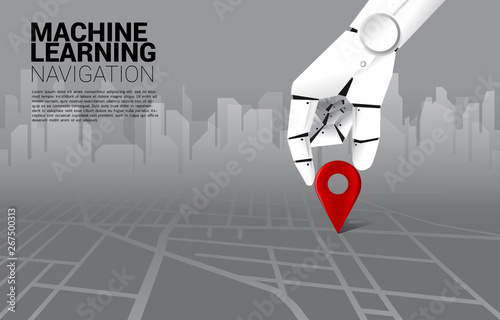 close up hand of robot place location pin marker on road map. concept of a.i. learning machine and navigation system.