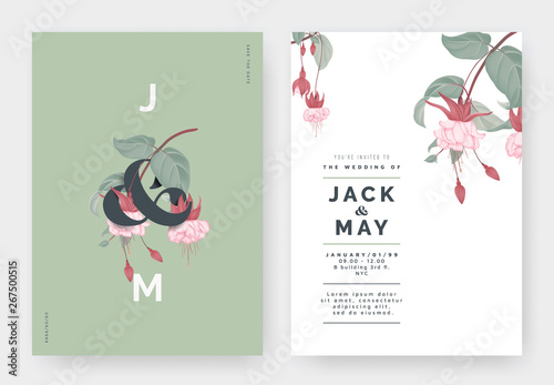 Minimalist botanical wedding invitation card template design, Fuchsia icy pink flowers with lettering on green, pastel vintage theme
