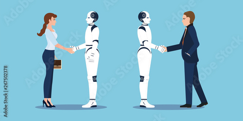 Business handshake with business human and robot hands shake.