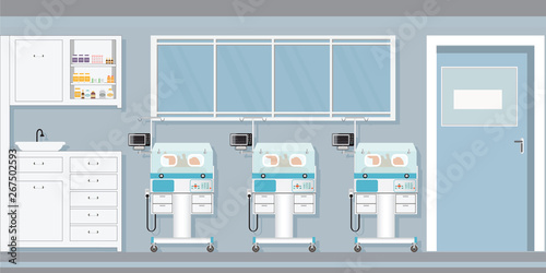 Child care newborn baby inside infant incubators in the hospital.