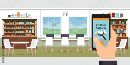 Ebook online modern library interior with bookshelves.