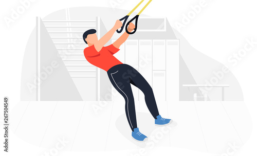 Fit man working out on trx doing bodyweight exercises. Fitness strength training workout.