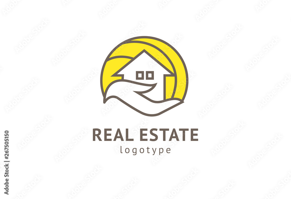 Obraz premium Abstract real estate agent logo icon vector design. Rent, sale of real estate vector logo, House cleaning, home security, real estate auction. Vector building logo concept.