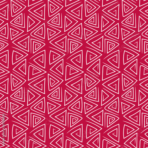 Abstract red seamless pattern. Triangular labyrinth. Doodle vector template. Old ornament. Retro style. Fashion design. Sketch